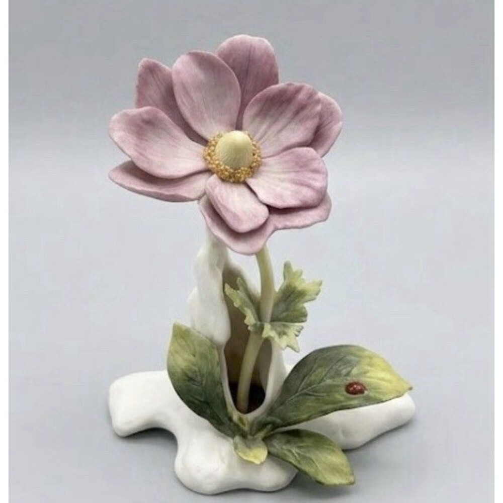 Vintage Cybis Porcelain Windflower Figurine Bisque Pink Flower Ladybug Signed⁠